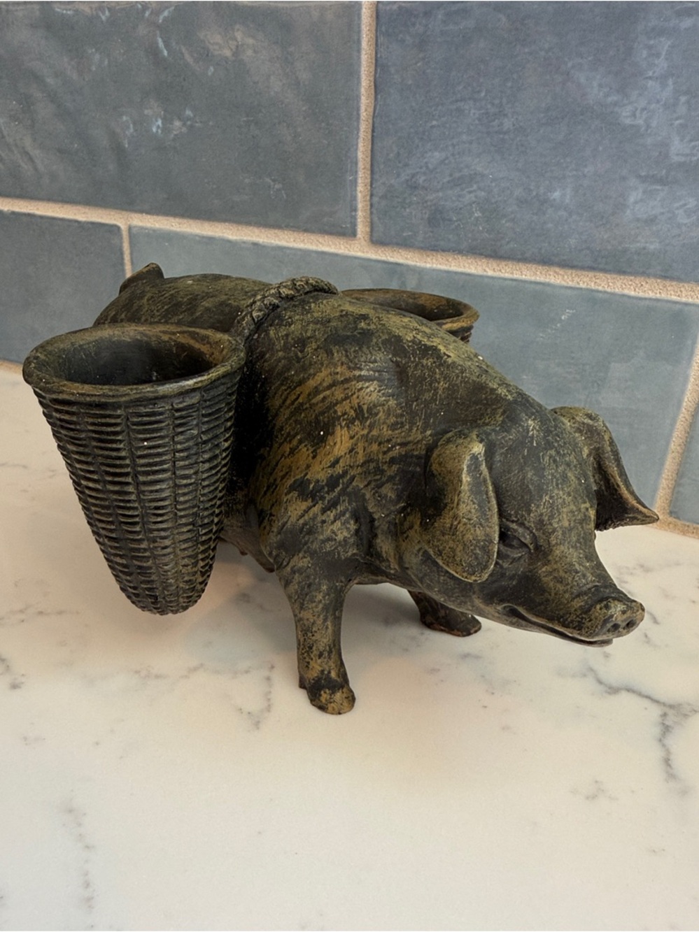 French Style Bronze/Black Pig with Woven Basket Accent